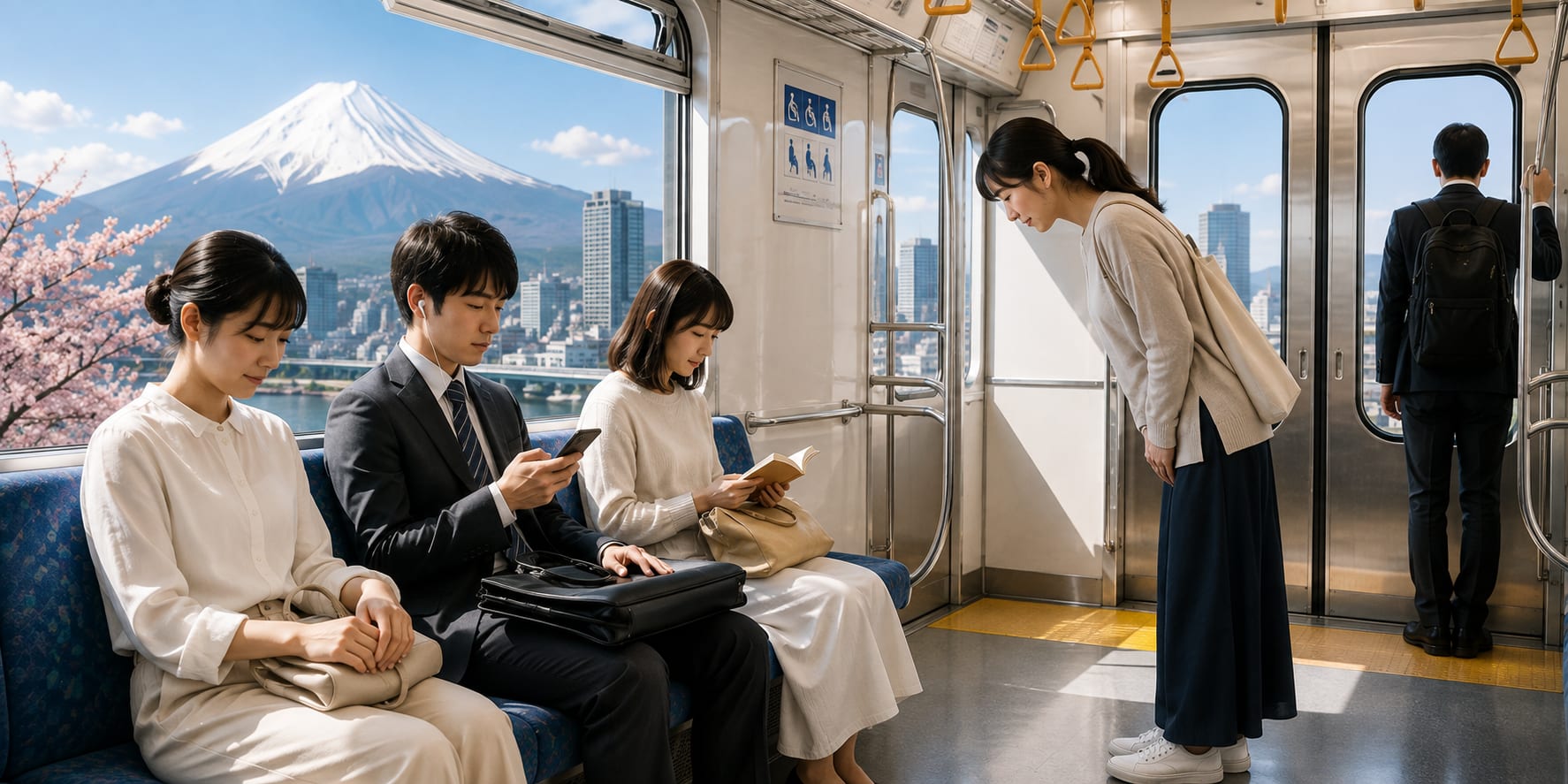 Quiet train car with seated passengers reading and a standing passenger bowing while boarding, Mount Fuji visible through the window